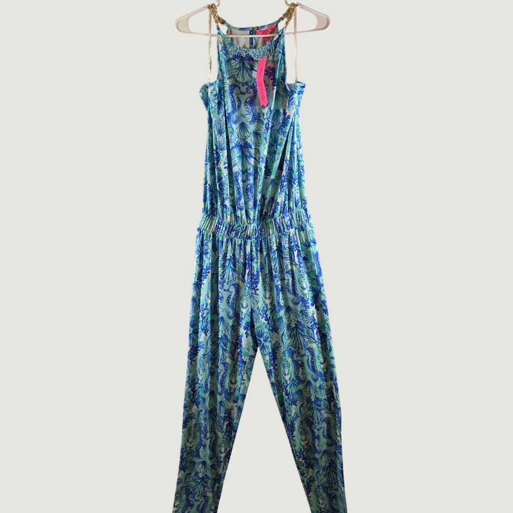 Lilly Pulitzer Keeran Jumpsuit Seeing Double Sea Glass Aqua Gold Chain XS NEW - Picture 1 of 7